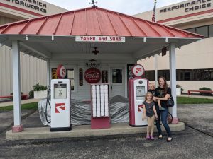 Picture of the Metaphysical Family at a restored Vintage Filling Station