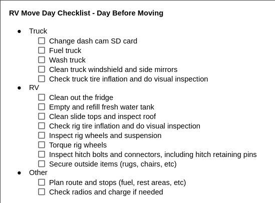 RV Move Day Checklist - Day Before Moving