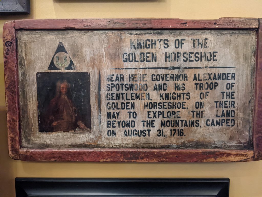 Knights of the Golden Horseshoe plaque in the lobby of Shenandoah Crossing.