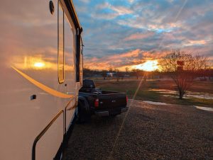 RV, truck, sunset